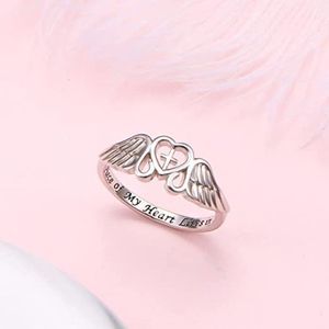 FLYOW S925 Sterling Silver A Piece of My Heart Lives in Heaven Angel Wing Ring